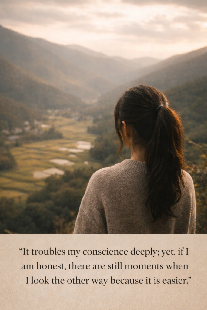 A solitary figure gazes at a distant mountain landscape, representing the themes of introspection, conscience, and the struggle to face difficult truths