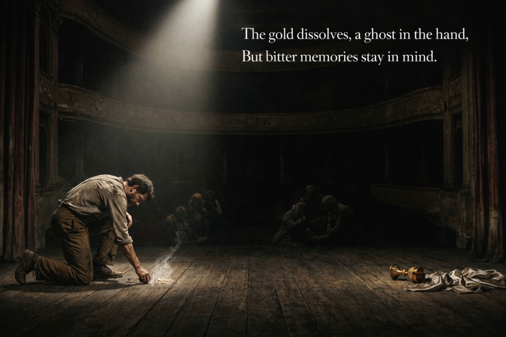 A lonely, weary figure kneeling on a dark wooden theater stage in a spotlight, representing themes of human struggle and destiny.