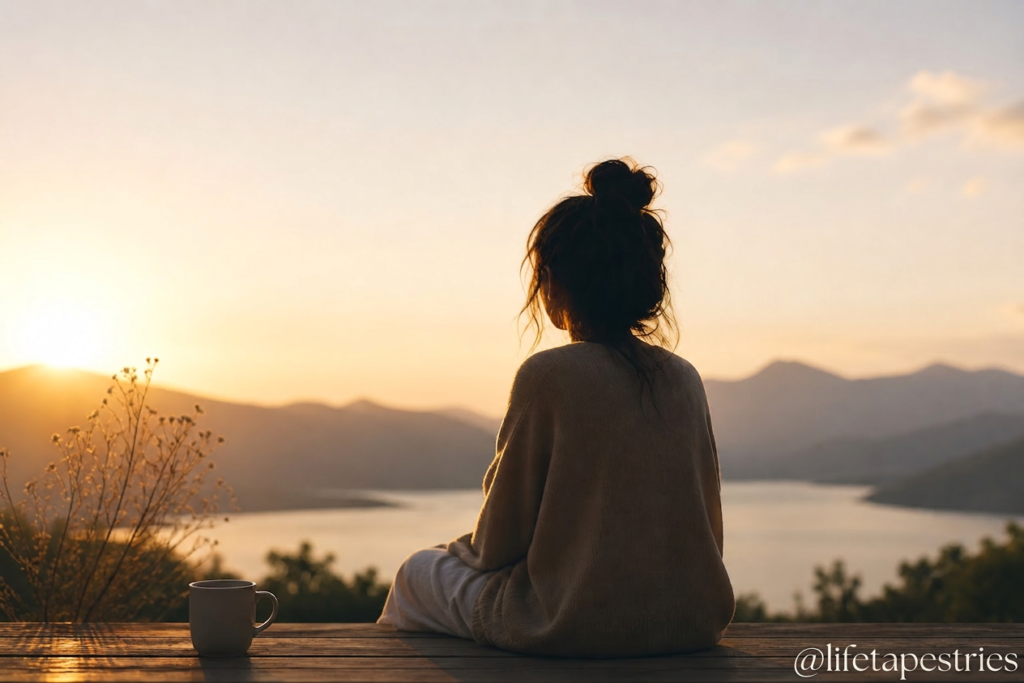 A woman reflecting on finding peace A woman sitting peacefully overlooking a calm lake at sunset, symbolizing inner peace and emotional healing